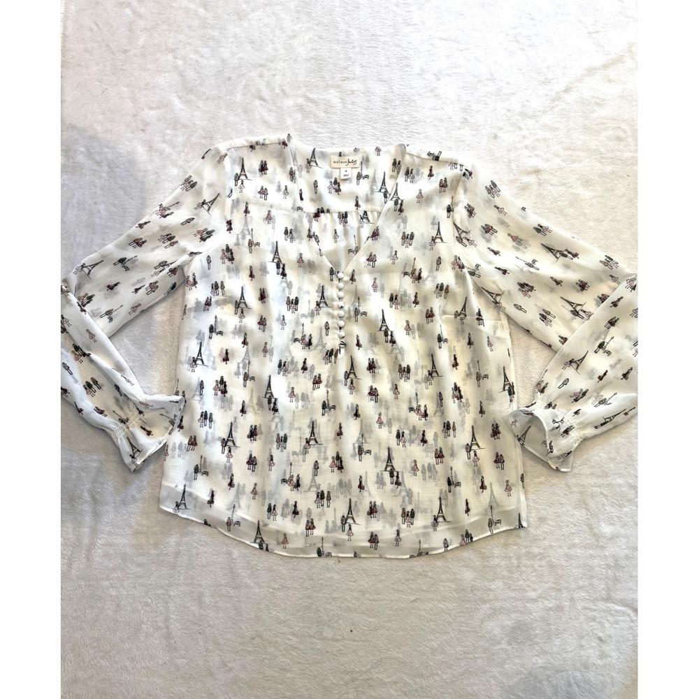 Maison Jules White Paris Eiffel Tower Print V-Neck Ruffle Cuff Blouse Size M